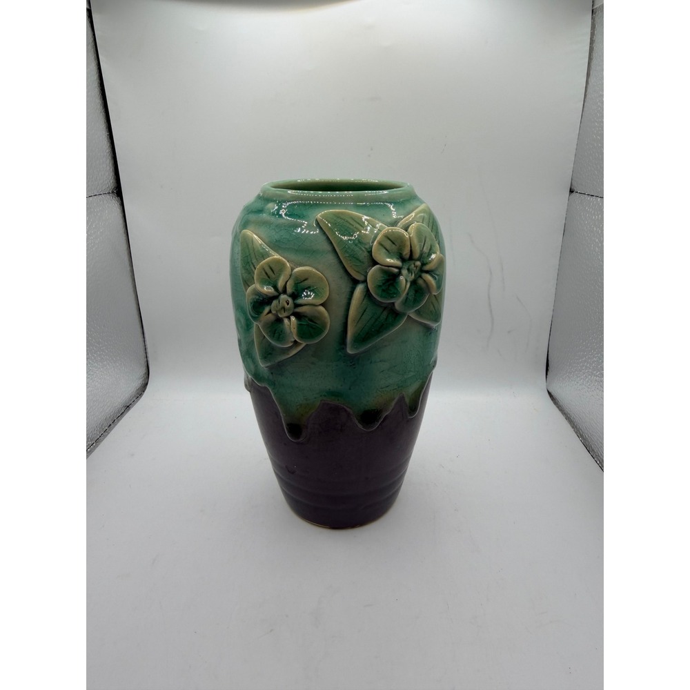 Vintage Ceramic Floral Relief Vase Green Purple Drip Crackle Glaze 6.5 Inch